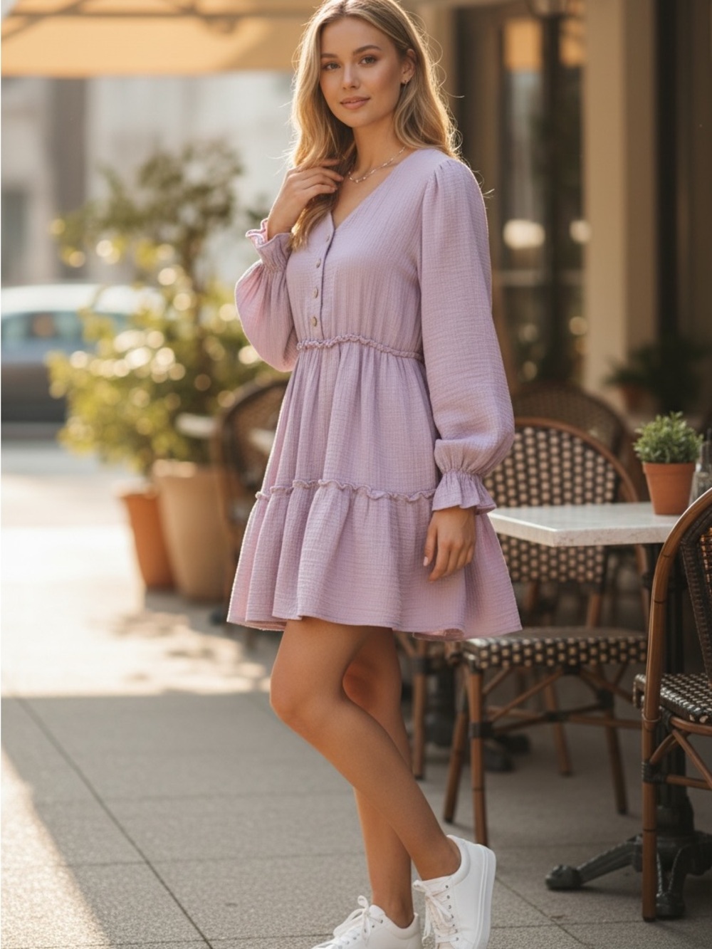 European Culture Lavender Tiered V-Neck Mini Dress